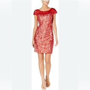 CALVIN KLEIN Elegant Red Lace Sequin Party Event Cocktail Semi Formal Dress 6